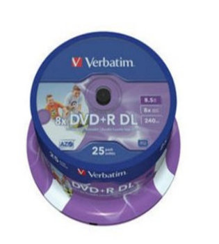 Verbatim DVD+R DL 8.5GB full size white inkjet printable 25/pk (P/N:43667)
